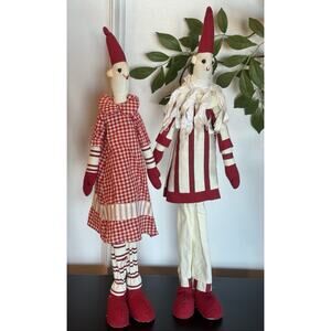 Vtg Set 2 Christmas Pixie Elves Long Legged Standing 21" Elf Red White Primitive
